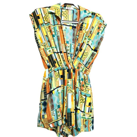 Sleeveless Aztec Design Collared V-Neck Elastic Waist Romper Sz M Pockets Flowy - Picture 1 of 7
